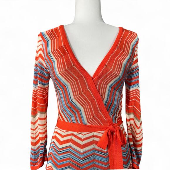 Trina Turk Chevron Knit‎ Wrap Dress Belt Orange Blue V-Neck Long Sleeve ZigZag 0 - Picture 5 of 10